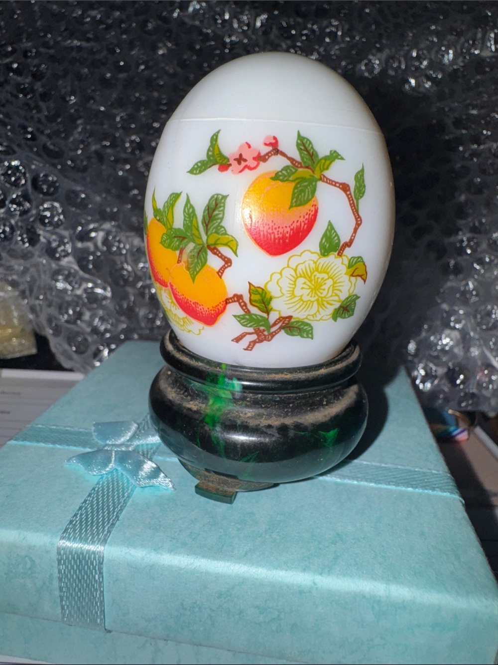 Vintage Avon Perfume Decorative White Egg with Peach Floral Design